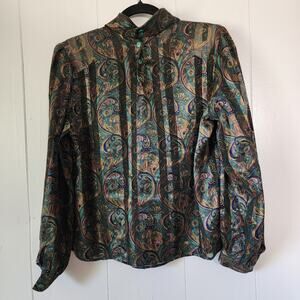 Petite Sophisticate Vintage 80s 90s Paisley Blouse Office Retro Medium Green